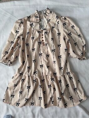 Cream Bow-Print Ruffle Neck Dress